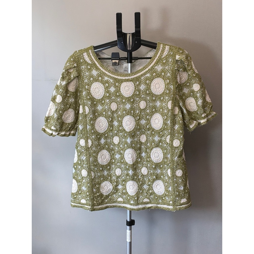 Cato Doily Crochet Top Womens L Olive Green Boho Cottagecore Puff Sleeve